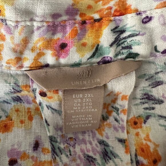 H&M Linen Button Up Crop Shirt Slouchy Sleeve Multicolor Floral Print Lightweigh - Picture 9 of 10
